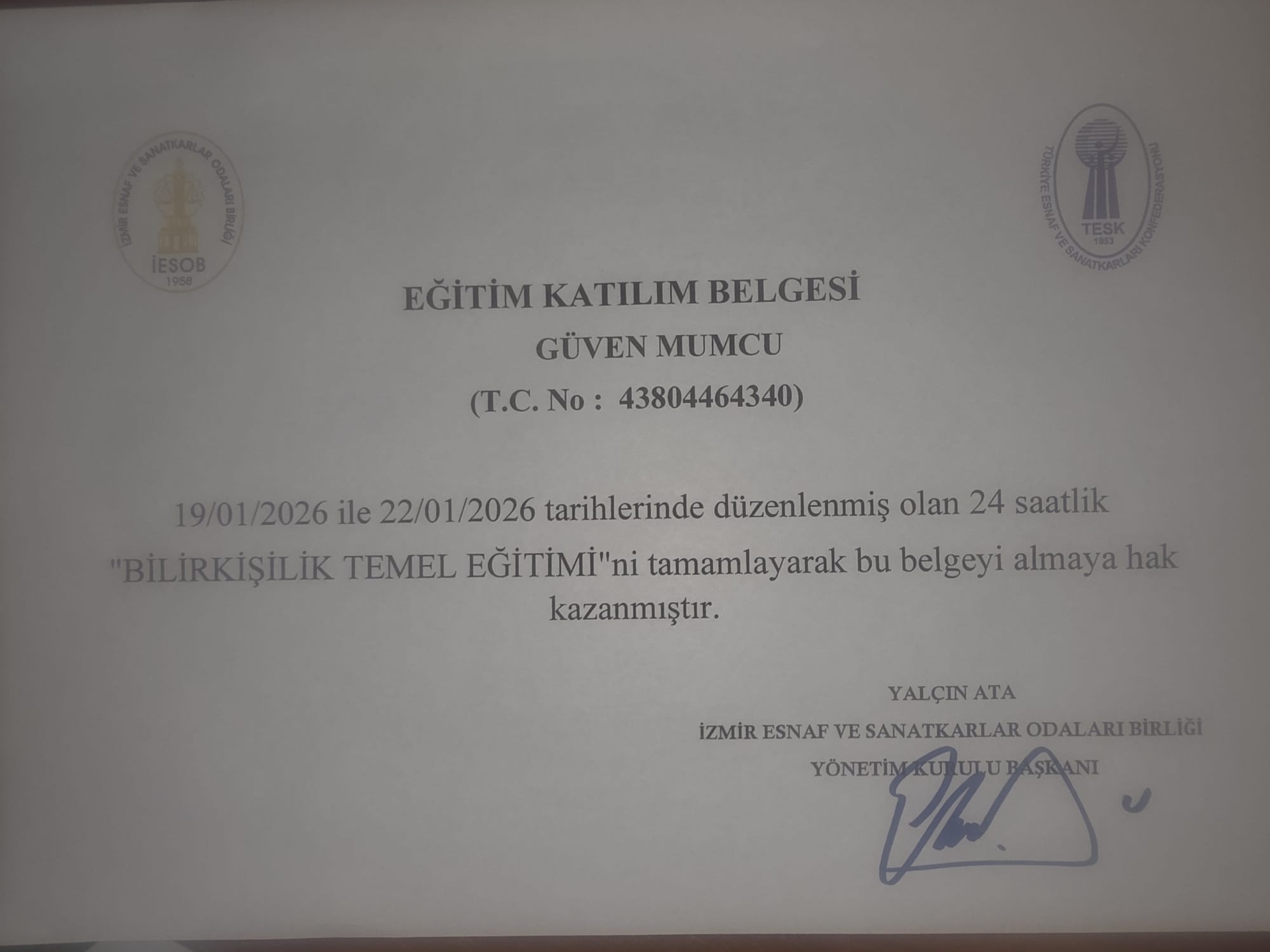 Bilirkişilik Temel Eğitimi Katılım Belgesi