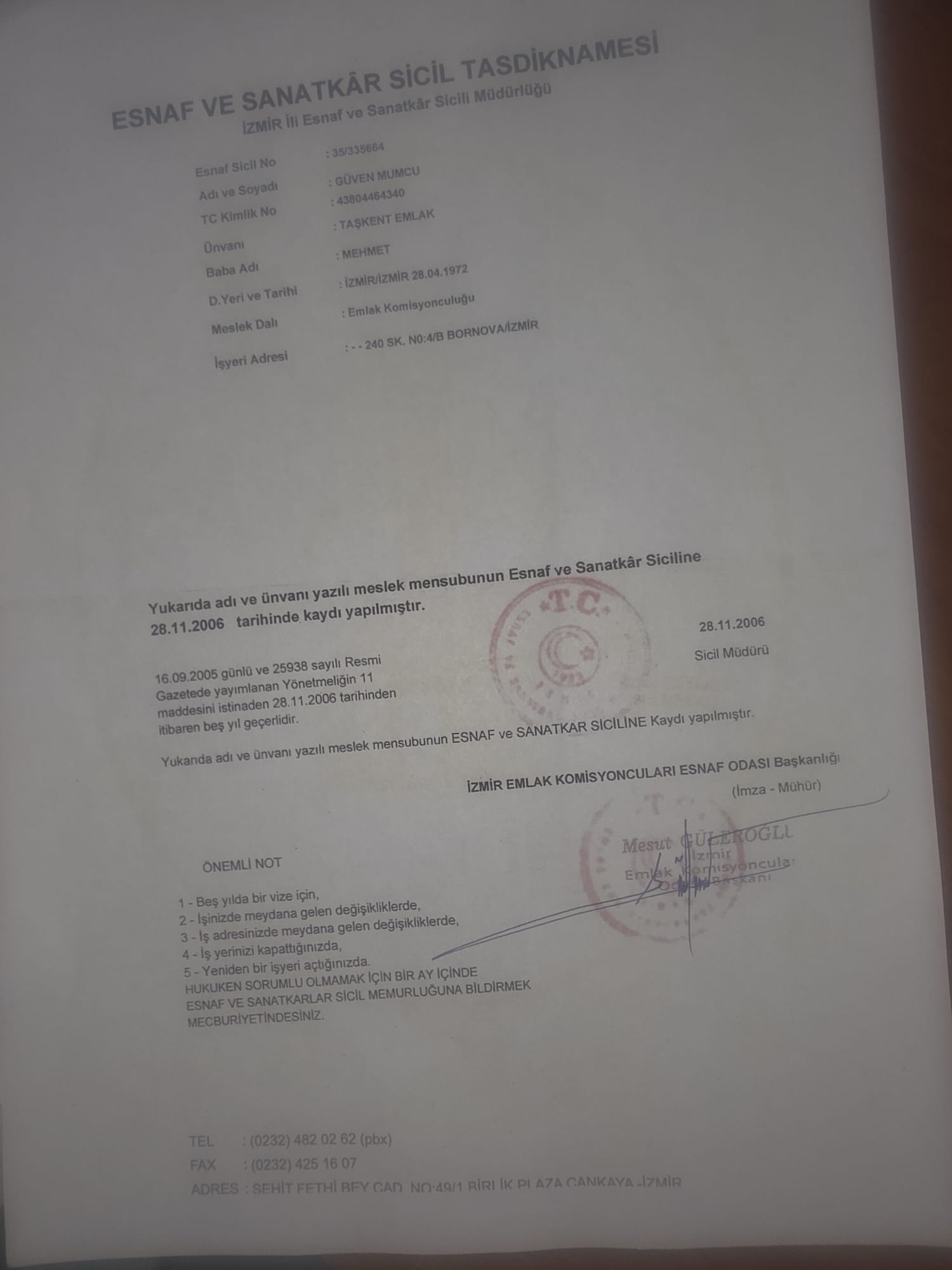 Esnaf ve Sanatkâr Sicil Tasdiknamesi