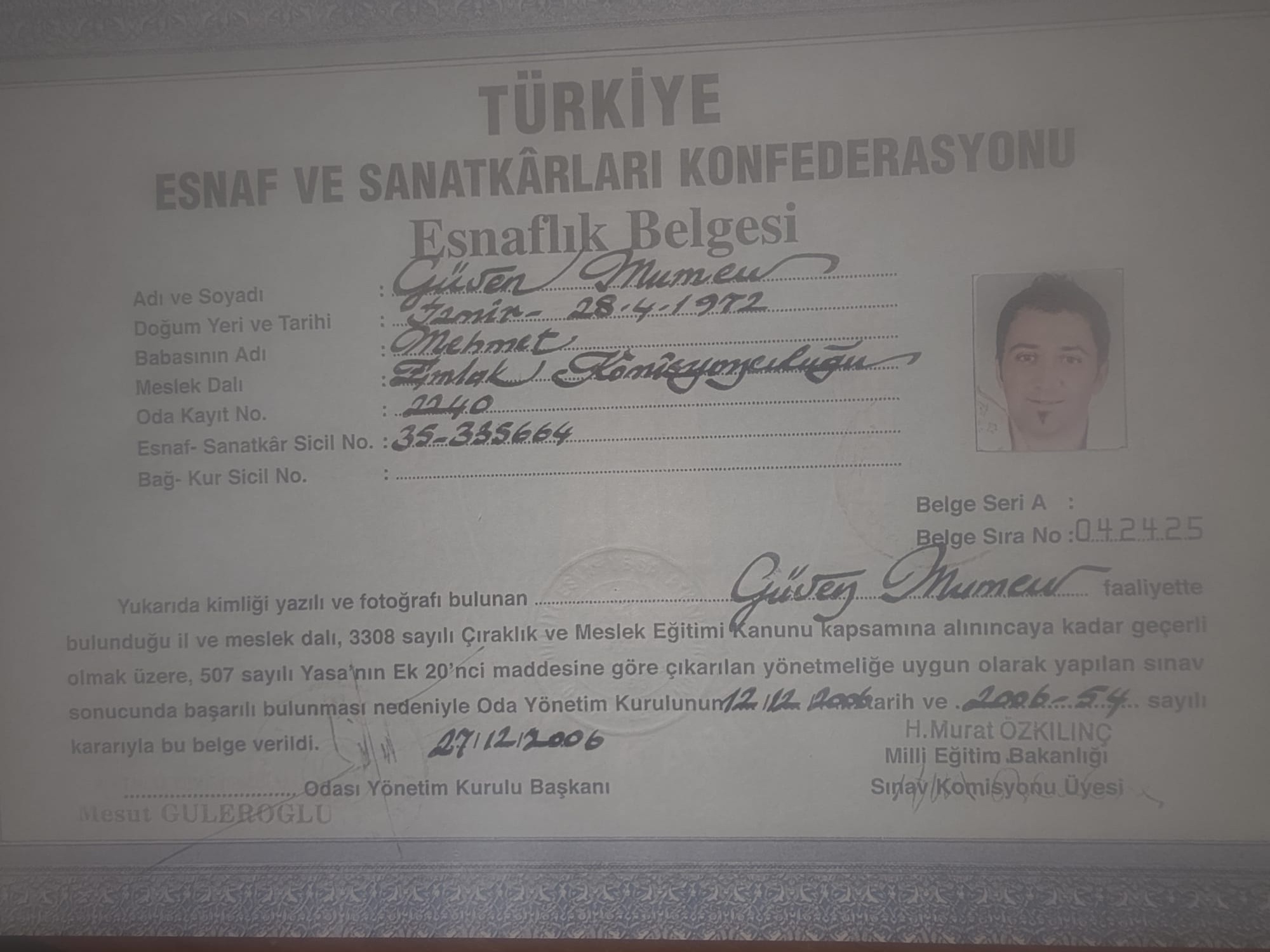 Esnaflık Belgesi